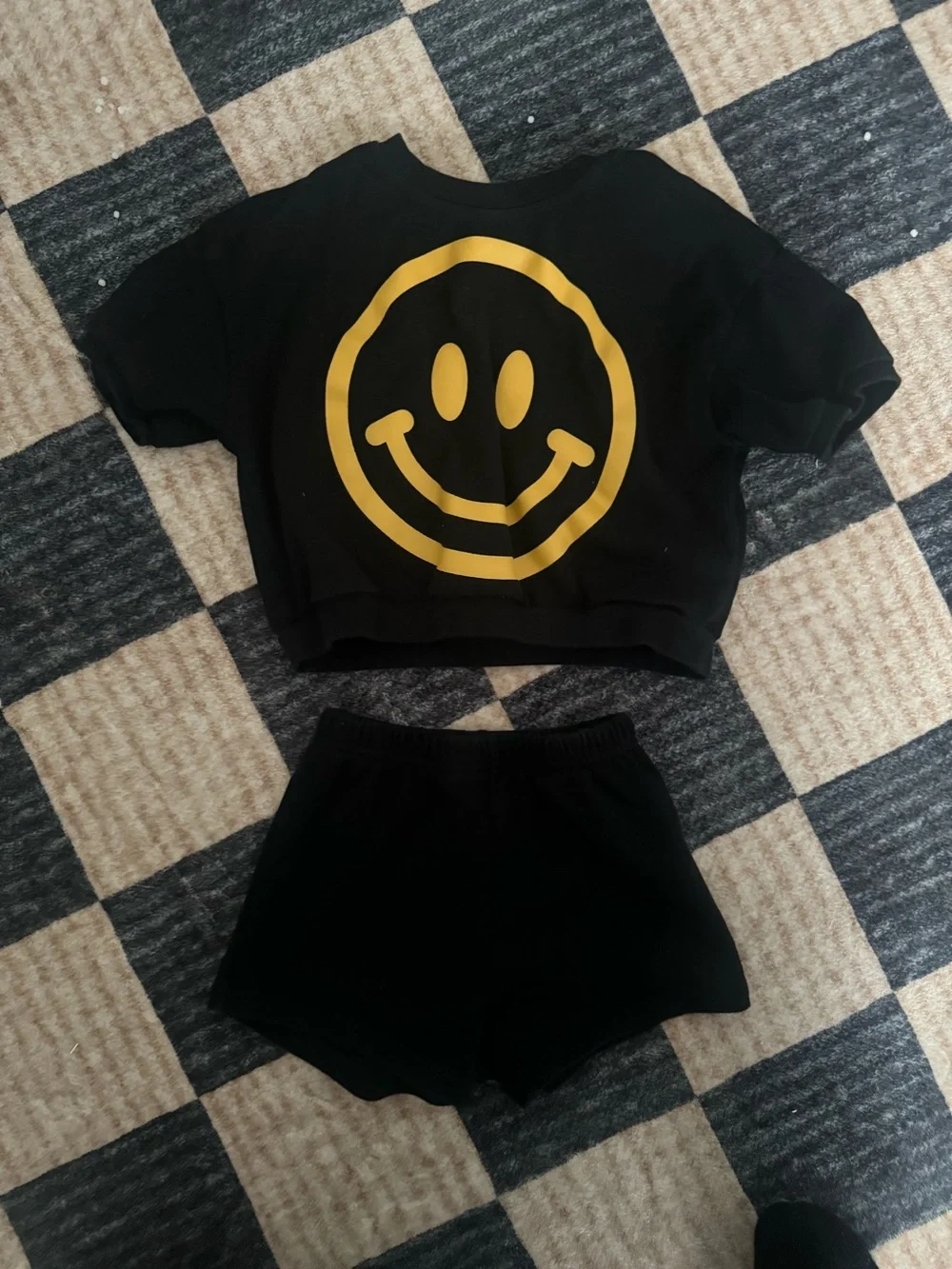 Little One Shop Black Smiley Face Short Set